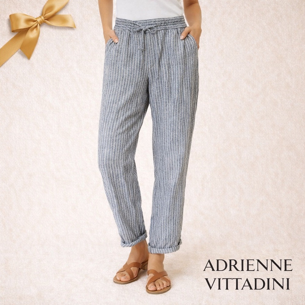 Adrienne Vittadini 100% Linen Admiral Grey Stripe Drawstring Trousers